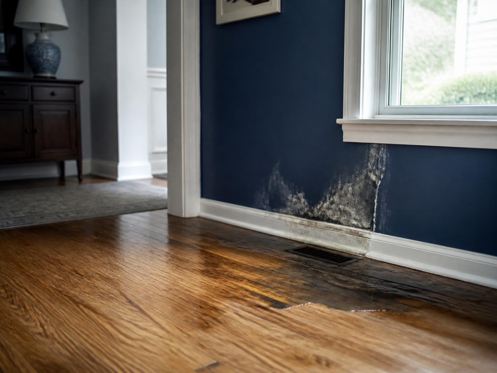 Water-damaged hardwood floor and discolored wall inside a home