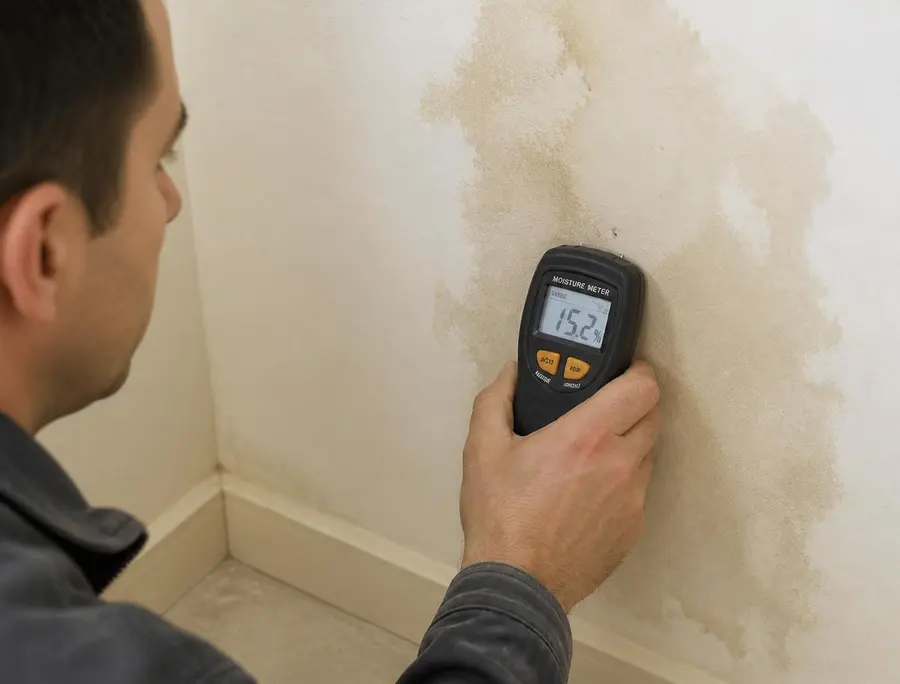 Technician using a handheld moisture meter on a water-stained interior wall