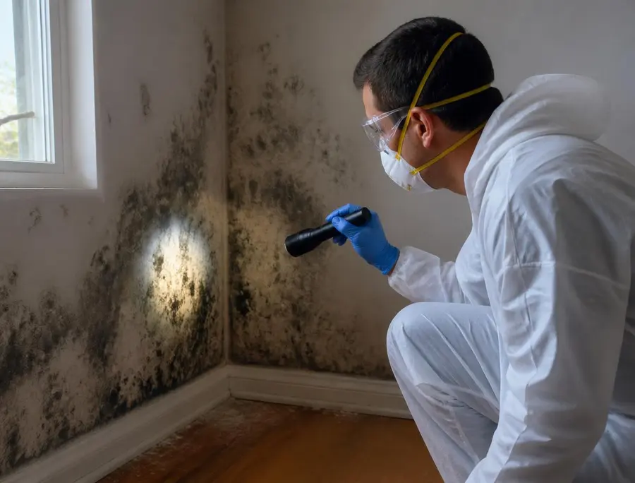 Inspector in protective gear examining black mold growth on an interior wall